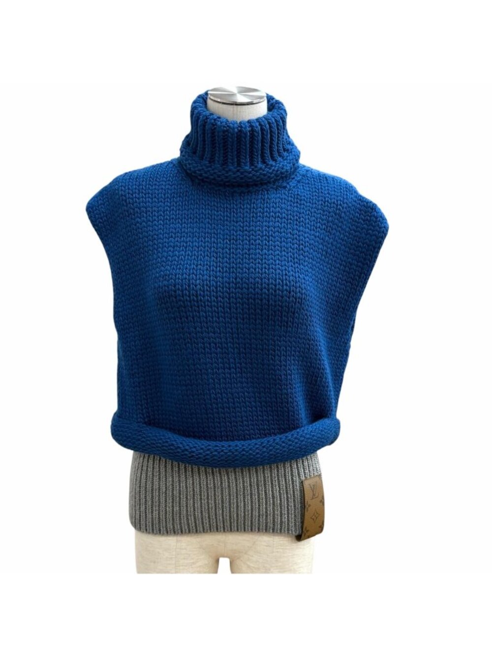 Louis Vuitton Leather Monogram Patch Turtleneck Sleeveless Knit Blue Gray